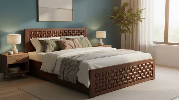 WOODSTAGE Sheesham Wood King Size Bed with Hydraulic Storage (Walnut Finish) Solid Wood King Hydraulic Bed, 191 cm x 209 cm (6.27 ft x 6.86 ft)