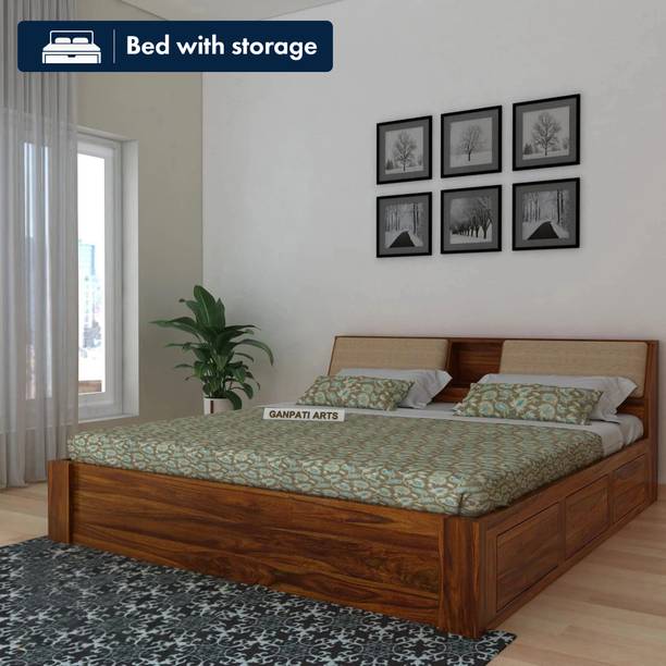 Ganpati Arts Sheesham Wood Mayor Bed for Bedroom/Hotel/Wooden Cot/Bed With Box Storage Solid Wood King Box Bed, 223.52 cm x 187.96 cm (7.33 ft x 6.17 ft)