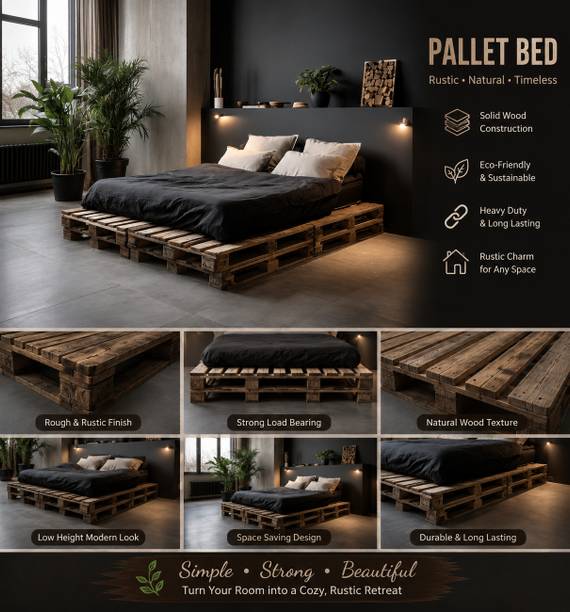 Knowk knock Beautiful Nordic 4×6 ft Pine Wood Pallet Bed Rustic Modern Wooden Furniture Solid Wood Double Bed, 183 cm x 122 cm (6.0 ft x 4.0 ft)