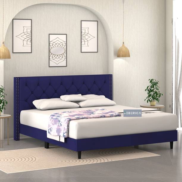 FEBERICA Engineered Wood Fabric Queen Size Bed with Upholstered Headboard for Bedroom | Engineered Wood Queen Bed