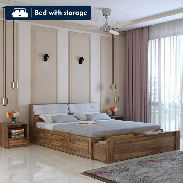 Dreamydesks Sheesham Wood Queen Size Bed with Drawer Storage Solid Wood Queen Drawer Bed, 211 cm x 158 cm (6.92 ft x 5.18 ft)