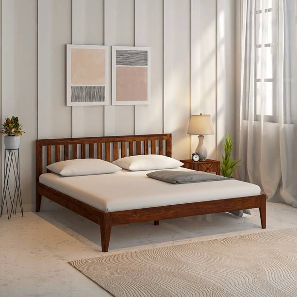 Wakeup India Luxy Low Sheesham Wood Bed | Light Rosewood Bed without Storage | 78x60 Inch Solid Wood Queen Bed