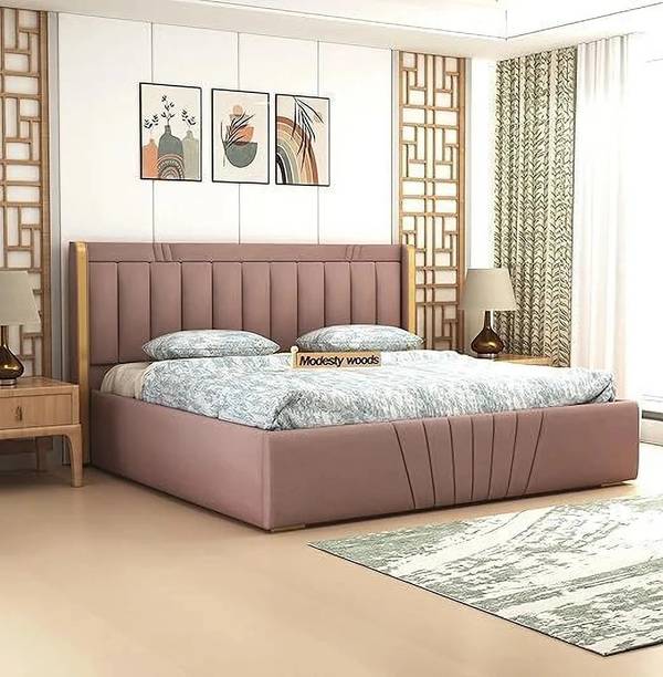 MODESTY WOODS Upholstered Wooden Double Bed with Box Storage for Bedroom and Living Room Solid Wood King Box Bed
