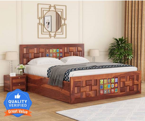 Flipkart Perfect Homes Niwar-Tile Solid Wood Queen Box Bed