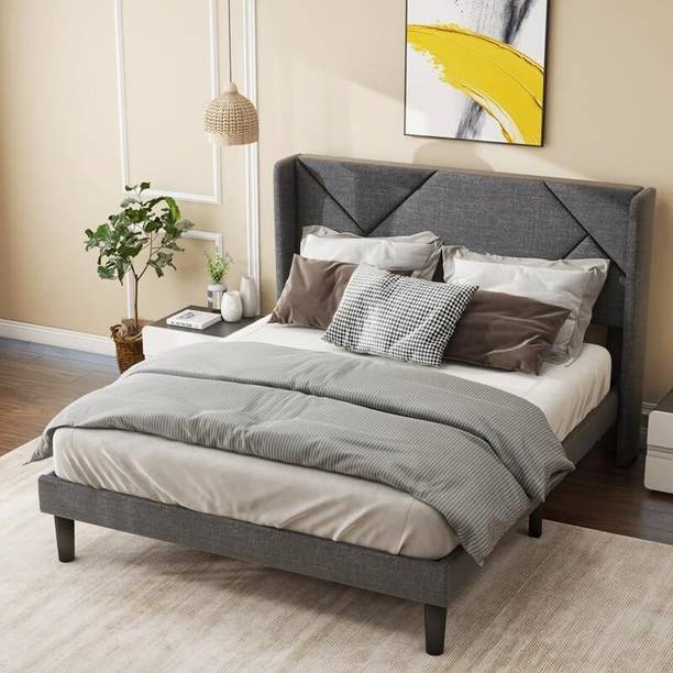 Klenta Home Decor Fabric Upholstered King Size Bed With Headboard For Bedroom/ Hotel/ Kids Room | Solid Wood King Bed
