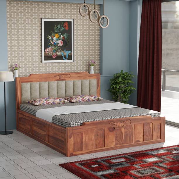 Banshi Wooden Double Bed with Storage | Solid Sheesham Wood King Size Bed for Bedroom Solid Wood Queen Box Bed, 158 cm x 206 cm (5.18 ft x 6.76 ft)