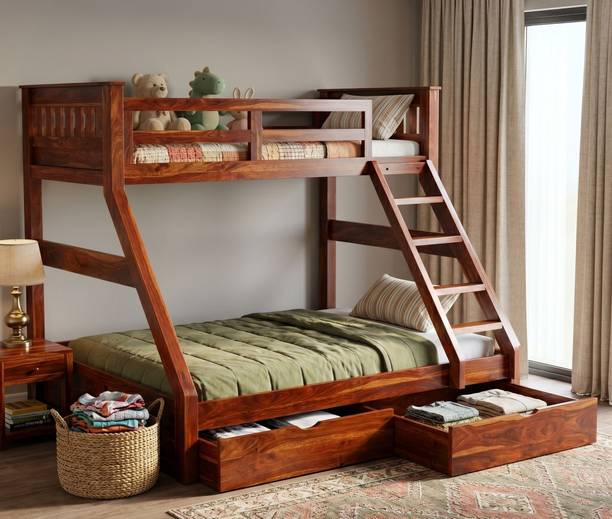 Suncrown Furniture Sheesham Wood Queen Bunk Bed with Drawer Storage | Twin Over Bed with Ladder | Solid Wood Queen Drawer Bed, 165 cm x 207.26 cm (5.41 ft x 6.8 ft)
