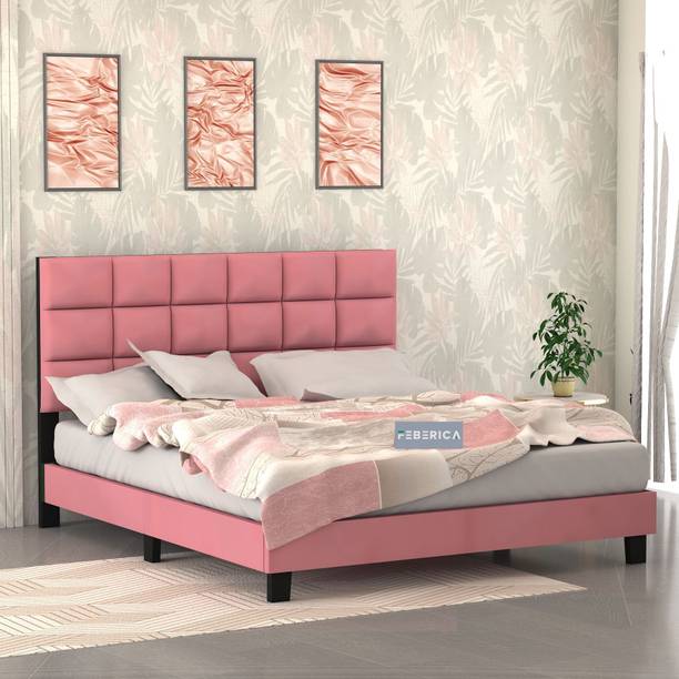 FEBERICA Engineered Wood Fabric Queen Size Bed with Upholstered Headboard for Bedroom | Engineered Wood Queen Bed