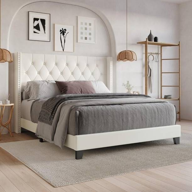 Natrajart and craft Fabric King Size Bed With Button Tufted & Diamond Line Headboard For Bedroom || Engineered Wood King Bed, 190.5 cm x 210.82 cm (6.25 ft x 6.92 ft)