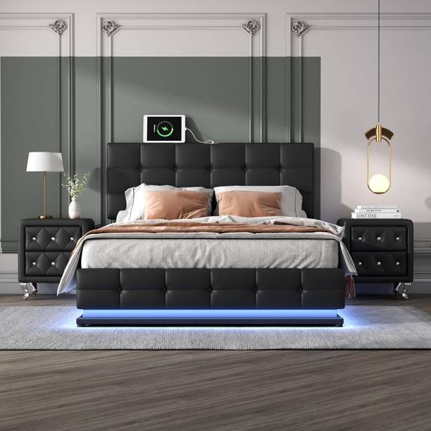 HighTable Queen Size Upholstered Bed with LED Lights Solid Wood Double Box Bed