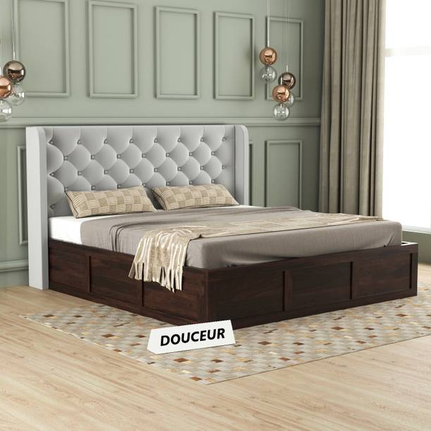 Douceur Furnitures Solid Sheesham Wood King Size Bed With Fabric Headboard, Box Storage For Bedroom Solid Wood King Box Bed
