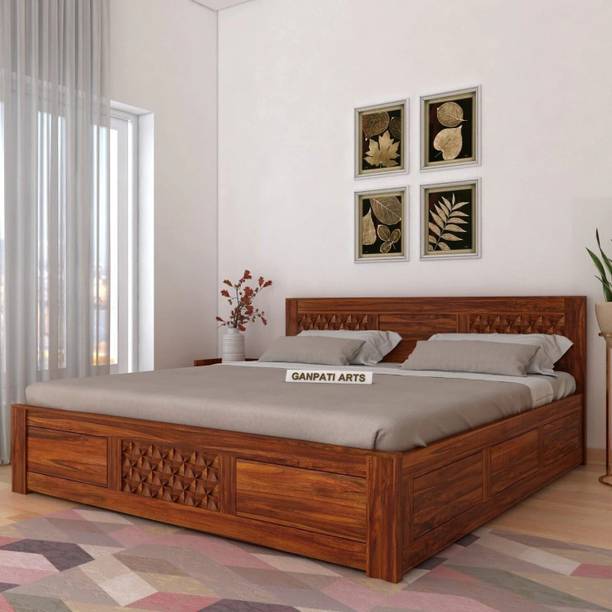 Ganpati Arts Sheesham Wood Raj Bed For Bedroom/Hotel/Wooden Cot/Bed With Box Storage For Home Solid Wood King Box Bed