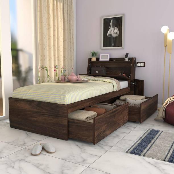 Studio Kook Tribe Right with Headboard storage Engineered Wood Single Drawer Bed, 225 cm x 98.4 cm (7.38 ft x 3.23 ft)