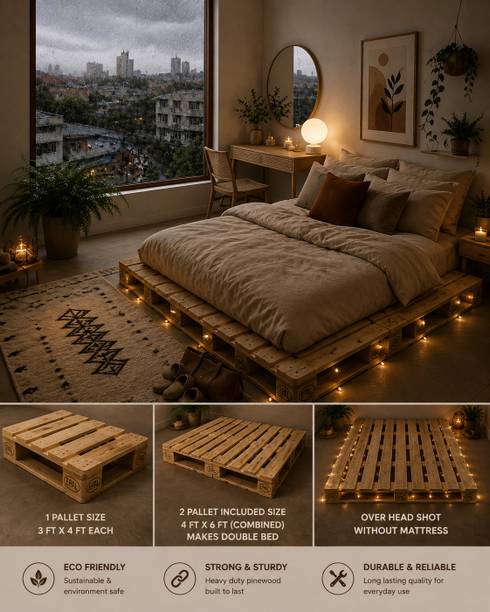 Knowk knock Beautiful Nordic 4×6 ft Pine Wood Pallet Bed Rustic Modern Wooden Furniture Solid Wood Double Bed, 183 cm x 122 cm (6.0 ft x 4.0 ft)