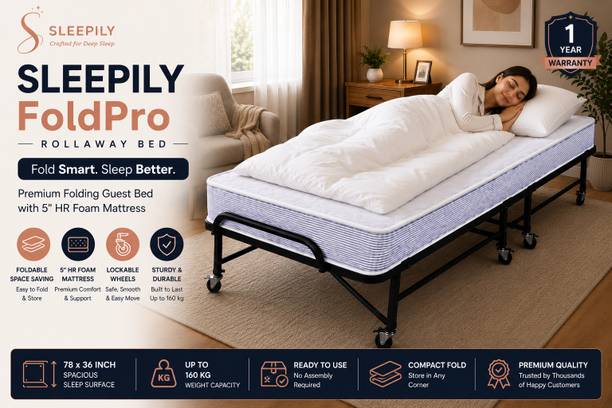 Sleepily FoldZen Premium Rollaway Folding Metal Bed with Wheels and HR Foam Mattress Metal Single Bed, 198.12 cm x 91.44 cm (6.5 ft x 3.0 ft)