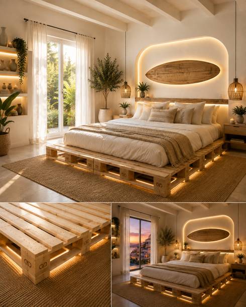 Knowk knock Beautiful Nordic 4×6 ft Pine Wood Pallet Bed Rustic Modern Wooden Furniture Solid Wood Double Bed, 183 cm x 122 cm (6.0 ft x 4.0 ft)