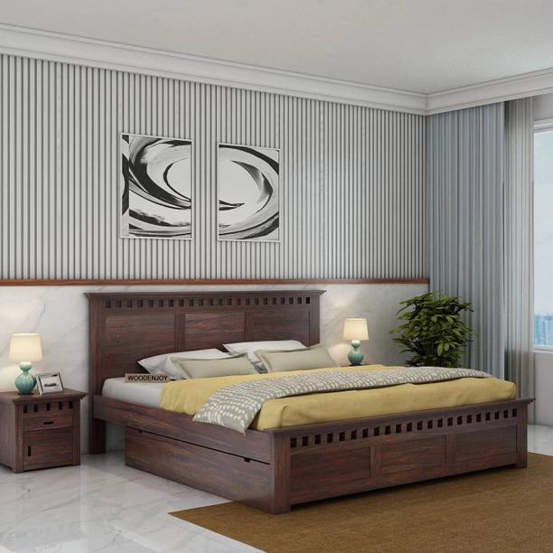 WOODENJOY Sheesham Wood Queen Bed With Drawers Storage/Wooden Queen Bed With Storage Solid Wood Queen Drawer Bed
