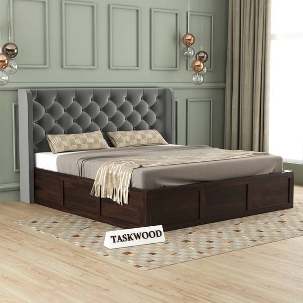 Taskwood Furniture Solid Wood King Size Bed With Fabric Headboard And Box Storage For Bedroom Solid Wood King Box Bed