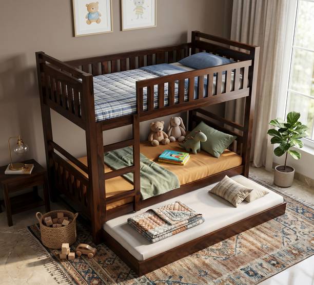 TIMBERFLEX Sheesham Wood Bunk Bed with Pull-Out Trundle Bed & Ladder | For Kids & Adults | Solid Wood Single Bed, 208 cm x 99 cm (6.82 ft x 3.25 ft)