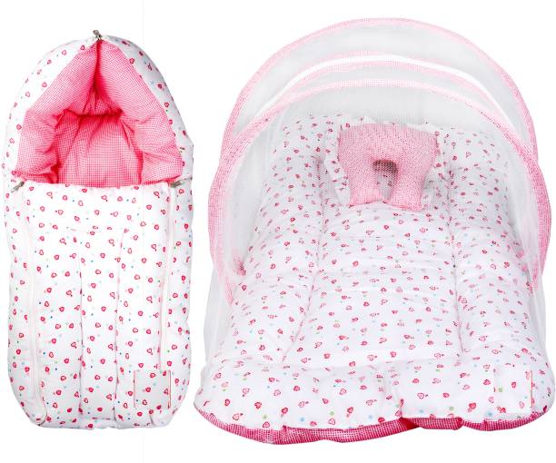 adore stuff Bedding and Mosquito Net Set with Sleeping Bag for 0-6 Month - Pink Baby Bedding Set Crib