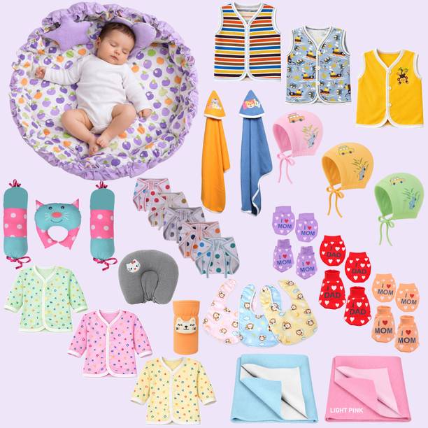 Toddylon New Born Baby Reversible Bed & Daily Essential Items Combo (0-6 Month)