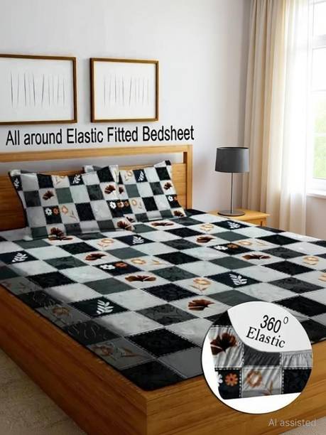 RisingStar Cotton Double Fitted (Elastic) 250 TC Striped 1 Bedsheet with 2 Pillow Covers