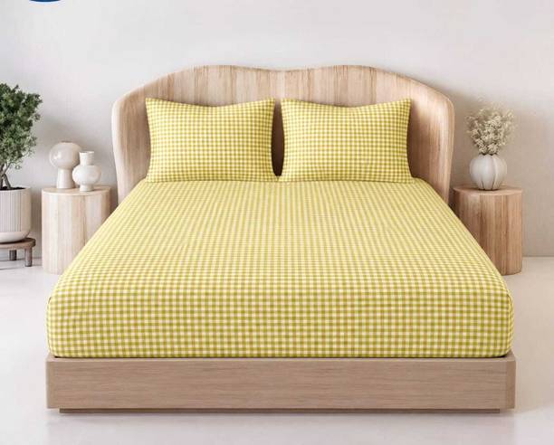 EXFAB Cotton King Fitted (Elastic) 244 TC Printed 1 Summer Bedsheet with 2 Pillow Covers