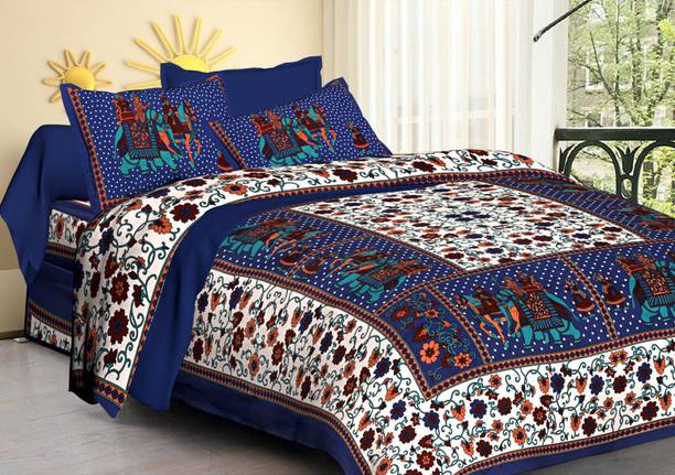 Poorak Cotton Double Flat 104 TC Jaipuri Prints Bedsheet
