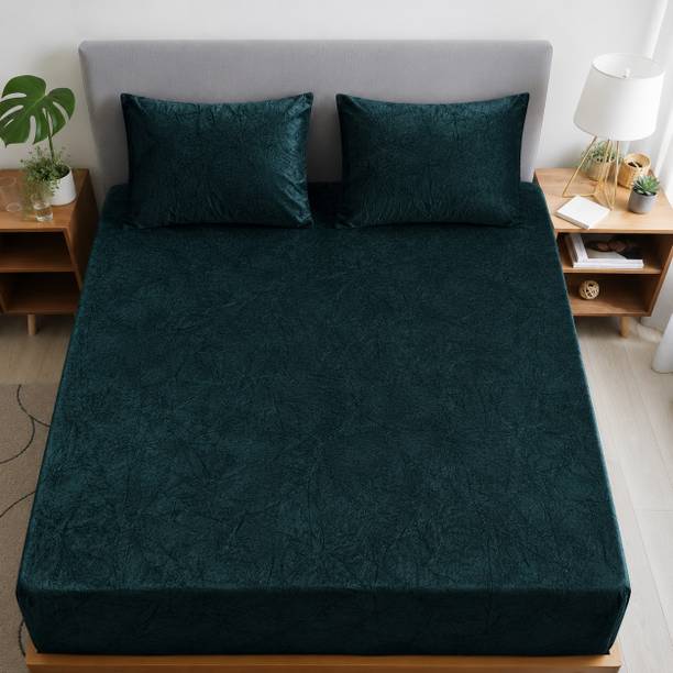 BLUEDOT Velvet King Fitted (Elastic) 350 TC Printed 1 Winter Bedsheet with 2 Pillow Covers