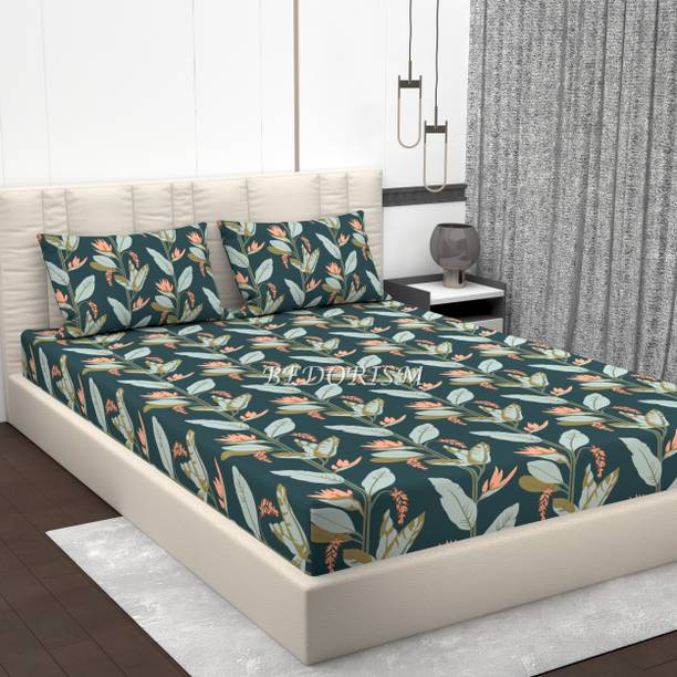 BEDORISM 220 TC Cotton King Printed Fitted (Elastic) Bedsheet