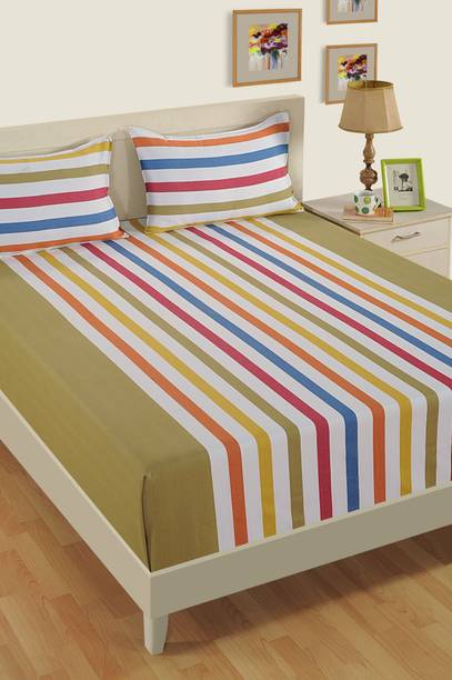 SWAYAM Cotton Queen Fitted (Elastic) 180 TC Striped 1 Bedsheet with 2 Pillow Covers
