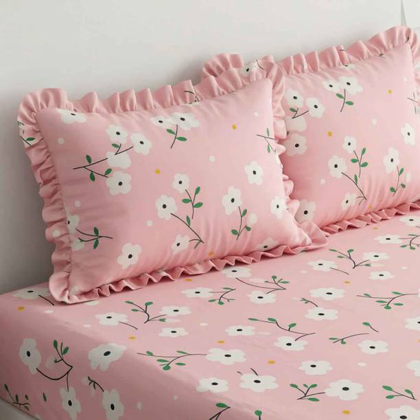Dream Weaverz Polycotton King Fitted (Elastic) 260 TC Floral 1 Bedsheet with 2 Pillow Covers