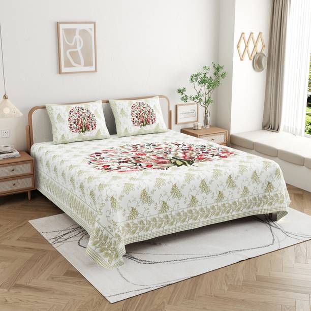CLOTHOLOGY Cotton Double Flat 240 TC Jaipuri Prints 1 Bedsheet with 2 Pillow Covers