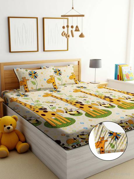 EXFAB Cotton King Fitted (Elastic) 244 TC Cartoon 1 Bedsheet with 2 Pillow Covers