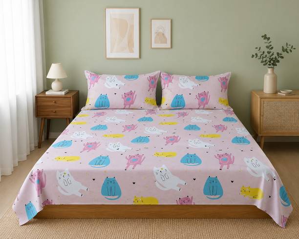 MIGHTYCOZY Cotton Double Flat 220 TC Cartoon 1 Bedsheet with 2 Pillow Covers