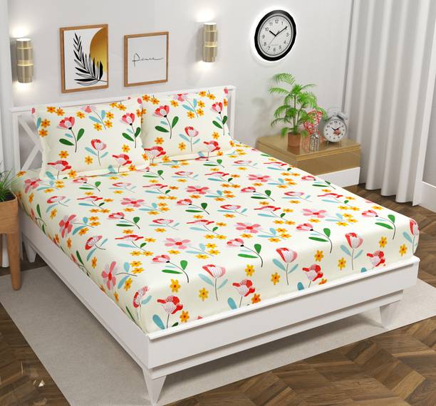 Cotton King Flat 160 TC Floral 1 Summer Bedsheet with 2 Pillow Covers