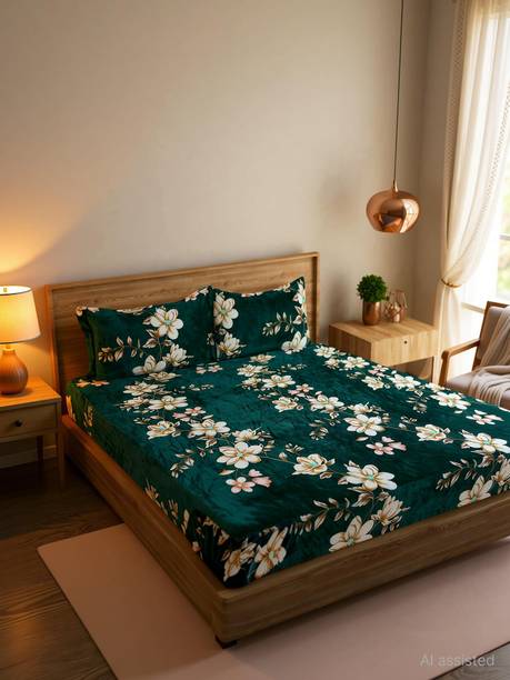 real dream Velvet Double Fitted (Elastic) 280 TC Printed 1 Winter Bedsheet with 2 Pillow Covers