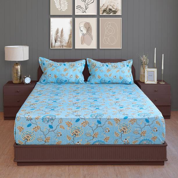 SWAYAM Cotton Double Fitted (Elastic) 210 TC Floral 1 Bedsheet with 2 Pillow Covers