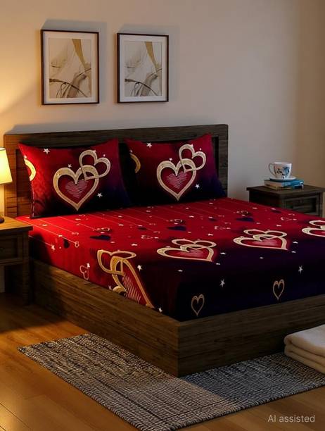 Fashion String Microfiber Double Flat 144 TC Printed 1 Bedsheet with 2 Pillow Covers
