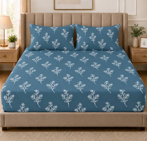 Amrange Cotton Double, King Fitted (Elastic) 210 TC Floral 1 Bedsheet with 2 Pillow Covers