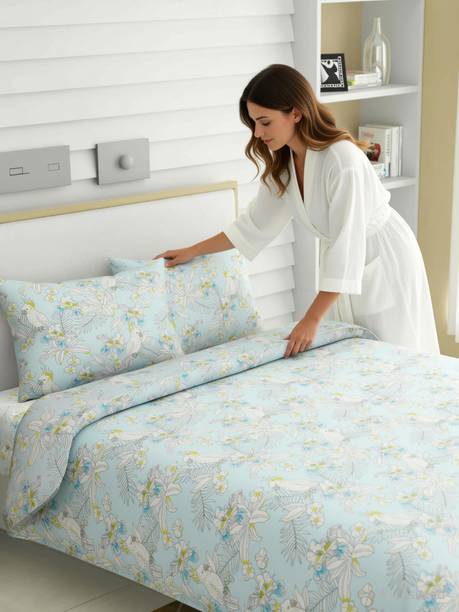 haus & kinder Cotton King Flat 144 TC Printed 1 Bedsheet with 2 Pillow Covers
