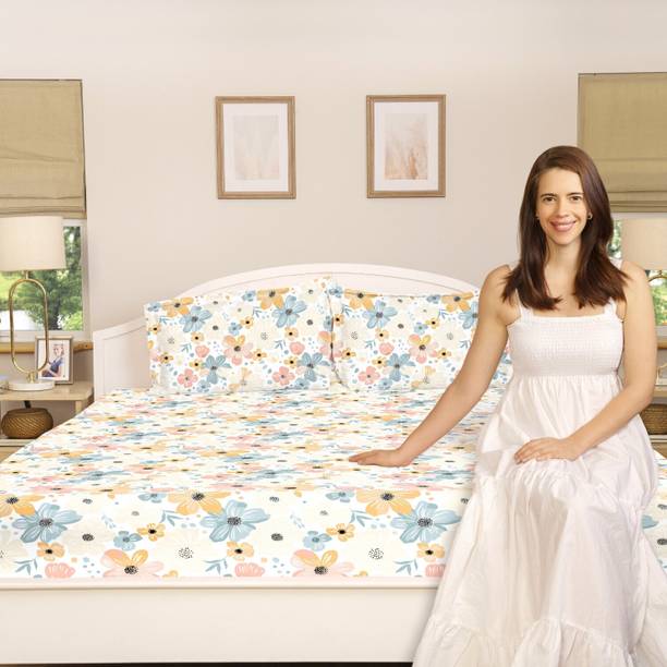 haus & kinder Cotton King Fitted (Elastic) 144 TC Floral 1 Bedsheet with 2 Pillow Covers