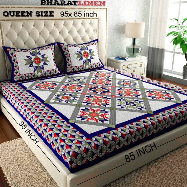 BharatLinen 144 TC Cotton King Jaipuri Prints Flat Bedsheet