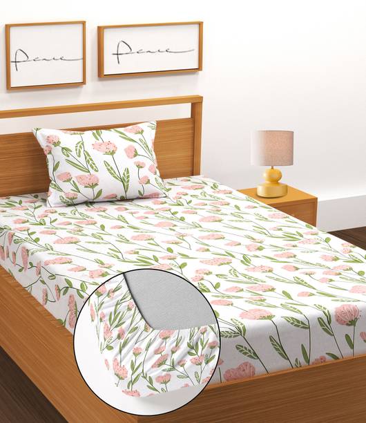 SUKHAURA Cotton Single Fitted (Elastic) 180 TC Floral Bedsheet