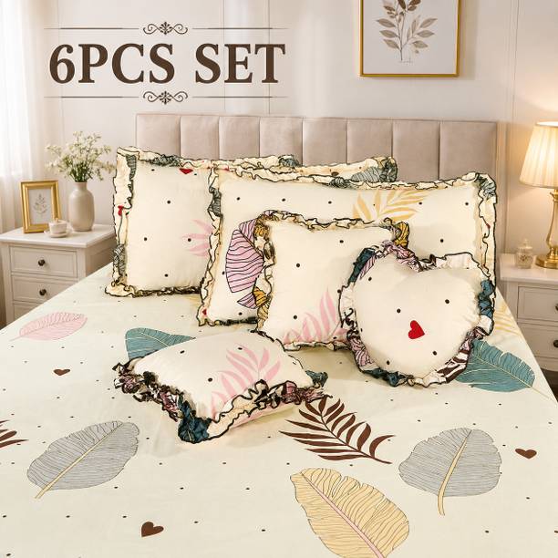 BeddingZone Cotton Double Flat 300 TC Floral 1 Summer Bedsheet with 2 Pillow Covers, 3 Cushion Covers