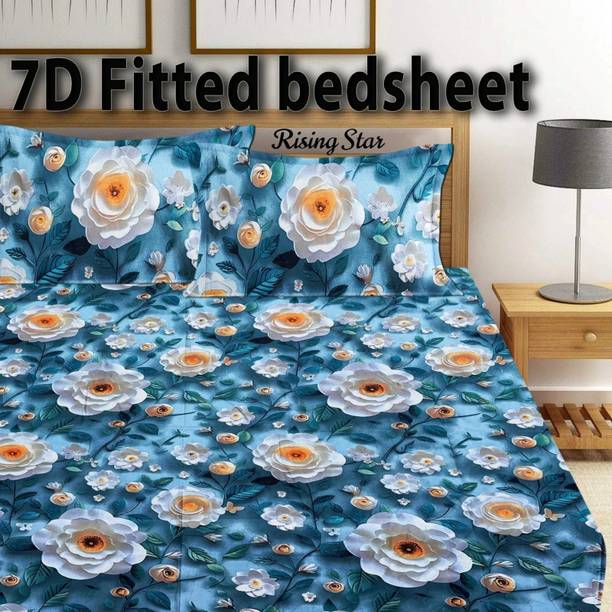 RisingStar Cotton Double Fitted (Elastic) 400 TC 7D Digital 1 Summer Bedsheet with 2 Pillow Covers