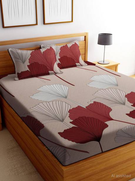 REFIZE Cotton Double Fitted (Elastic) 240 TC Printed 1 Bedsheet with 2 Pillow Covers