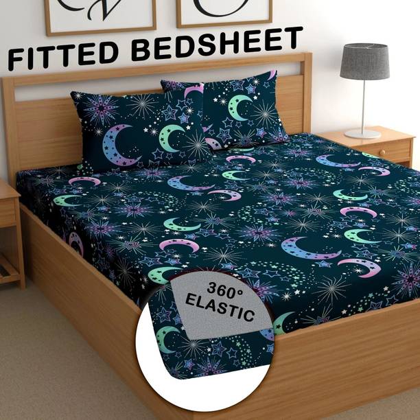 CG Homes Cotton Double Fitted (Elastic) 180 TC Printed Bedsheet