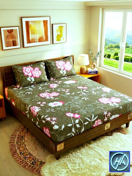 H A MOSARI CENTRE Polycotton Double Flat 250 TC Printed 1 AC Bedsheet with 2 Pillow Covers