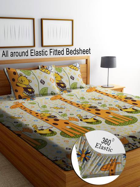 M.S. Trading Co. Cotton Double Fitted (Elastic) 144 TC Printed 1 Bedsheet with 2 Pillow Covers